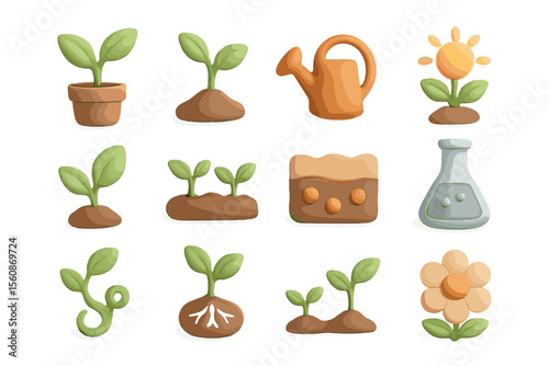 Whimsical plant icons featuring gardening tools and symbols in soft colors