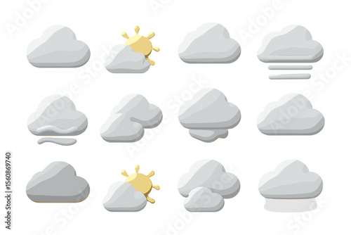 Set of 12 cloud icons with sun and mist variations on metallic background