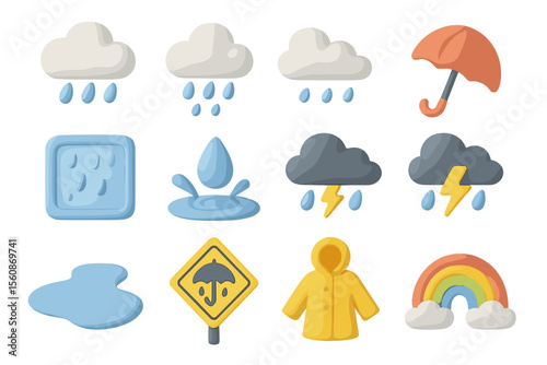 Colorful weather icons featuring rain, clouds, and lightning