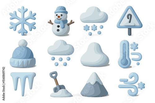 Playful winter icons set featuring snowflakes and snowman in soft blue tones