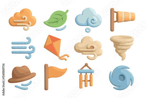 Colorful weather icons with clouds, wind, leaf, kite, and tornado symbols
