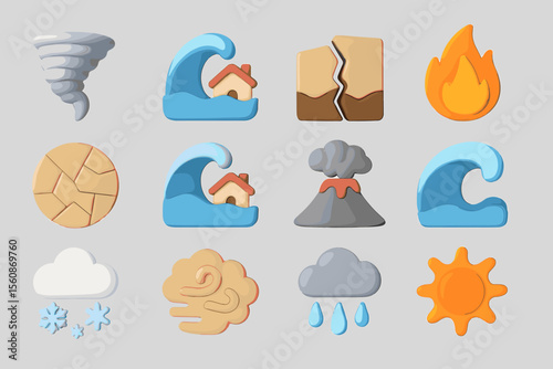 Weather and natural disaster icons in 3d style on transparent background