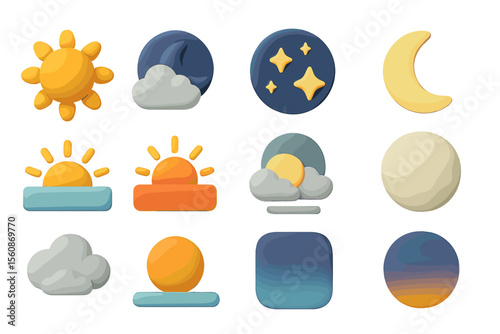 Colorful weather icons with day and night elements on gradient background