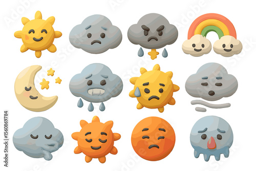 Cute weather icons with sun, clouds, moon, and rainbow in soft pastel colors