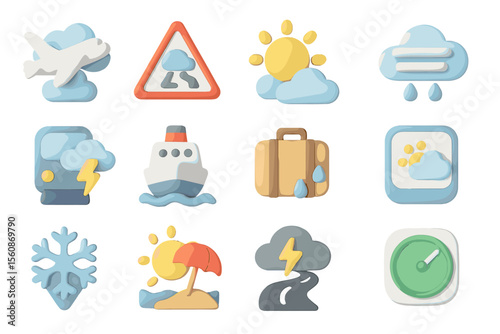 Colorful weather and travel icons set with clouds and sun