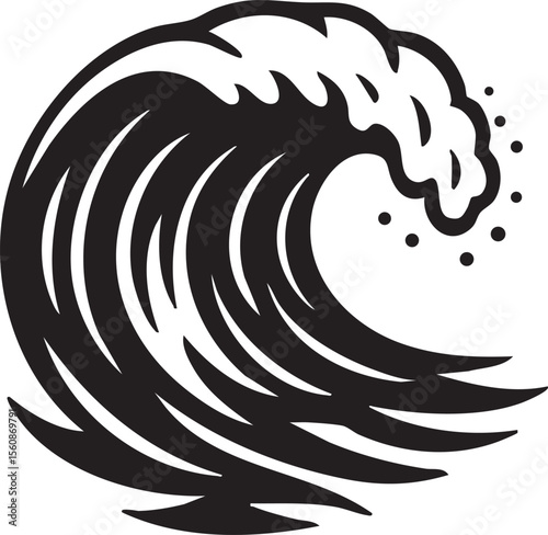 Stylized Black and White Wave Illustration with Cresting Foam and Splatter Ideal for Graphic Design and Nautical Themes