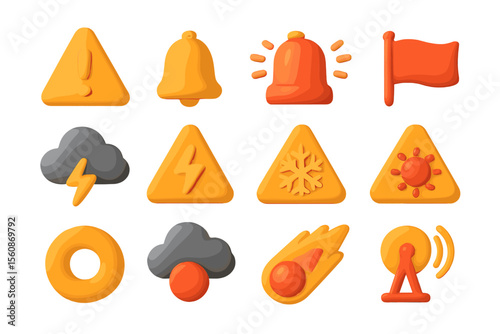 Bright 3d icons: warning, weather, alert, meteor, signal, communication