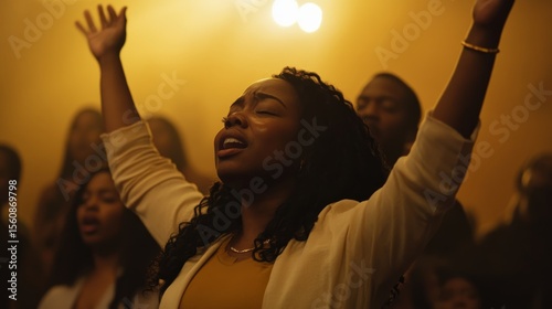 Passionate african american woman with curly hair worshipping in a gospel choir with arms raised under warm stage lights in a church or concert setting.