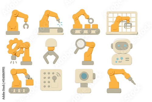 Collection of robotic arm icons for automation and industrial applications