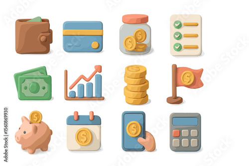 Financial icons - wallet, card, coins, growth chart, piggy bank, calculator