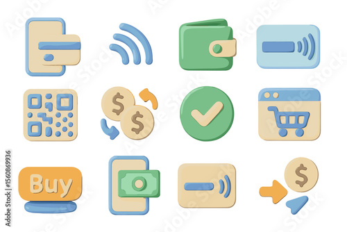 Digital payment icons featuring qr codes and wallet graphics