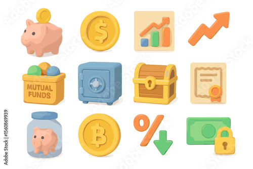 Financial icons set with piggy bank, safe, coins, graphs, and money symbols