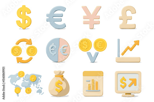 Currency symbols and financial growth icons in pastel colors
