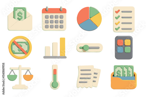 Colorful financial and productivity icons in flat 3d render style