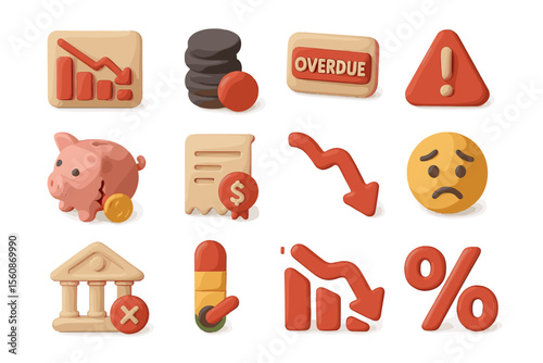 Economic crisis icons: downturn, debt, warning, bank, overdue, economic, finance