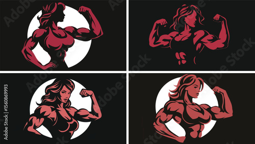 Set of athletic woman flexing muscles in several different compositions