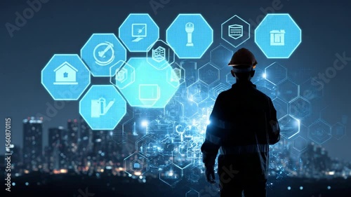 A construction worker, silhouetted, gazes at a cityscape overlayed with glowing digital schematics at dusk