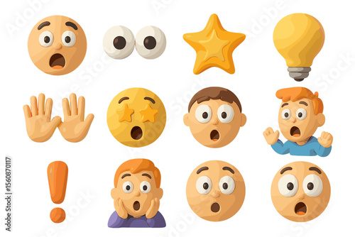 Assorted cartoon emoji faces with surprised and excited expressions