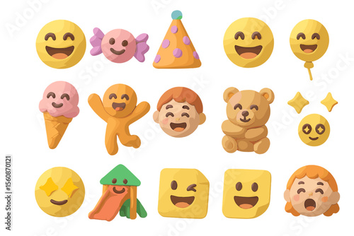 Cute and colorful clay emoticons with playful expressions and objects