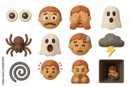 Emojis expressing fear and anxiety: ghosts, spiders, thunder, sadness, and panic