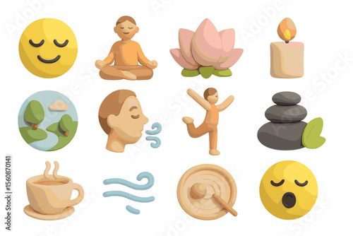 Meditation and wellness icons featuring yoga and calm elements