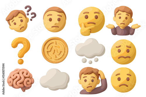 Confused emoji set: expressions of uncertainty and puzzlement