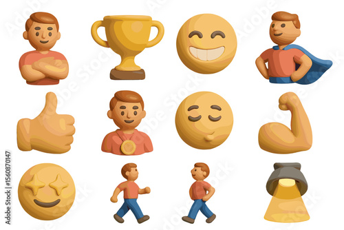 Colorful clay figures and emojis with young male characters and trophy