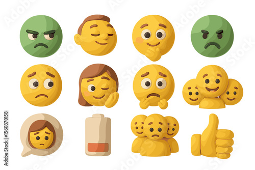 Colorful cartoon emoji expressions featuring various emotions and symbols