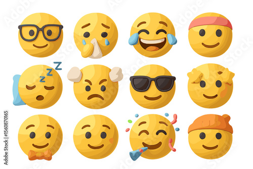 Assorted emoji faces displaying various emotions and accessories on yellow background