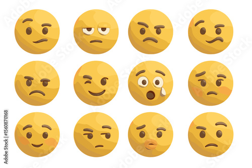 Multiple yellow emoji faces displaying varied expressions on gold background