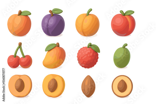 Colorful 3d fruits collection with peaches, plums, mango, cherries, and more