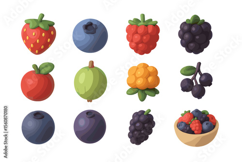 Colorful assortment of clay fruits and berries on gradient background