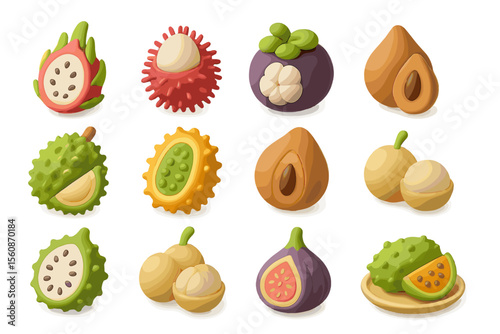 Colorful tropical fruits collection with unique textures and shapes