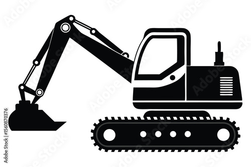 Silhouette of Construction Excavator with Tracks and Arm Raising a Bucket
