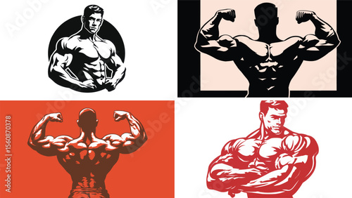 Set of four illustrations displaying muscular men flexing and posing