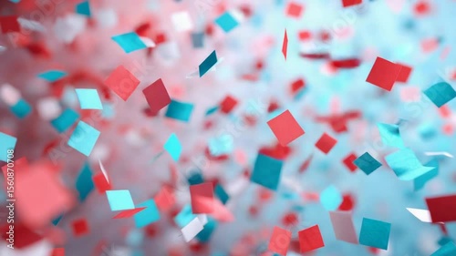 Close-up shot of red, blue, and white paper confetti pieces falling against a blurred gradient background
