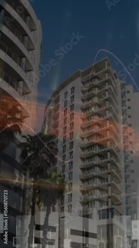 Animation of financial data processing over cityscape