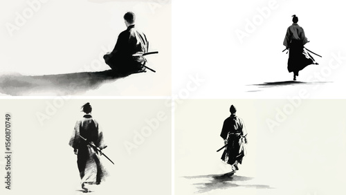 Set of four ink wash paintings depicting a lone Samurai