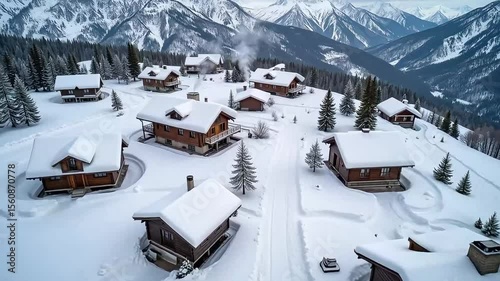 Beautiful mountain ski village with snow covered log cabins in a wintry alpine setting provides a scenic escape
