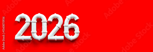 Mockup of banner with number 2026 made of plastic plumbing pipes on red background with space for text.