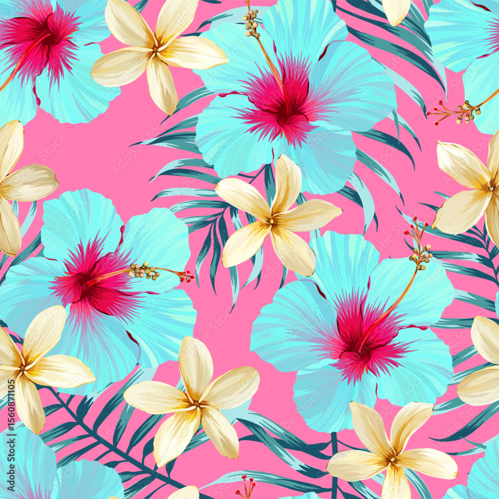 Fototapeta premium Tropical pattern. Paradise plants and flowers. Hawaiian pattern. Exotic, tropics