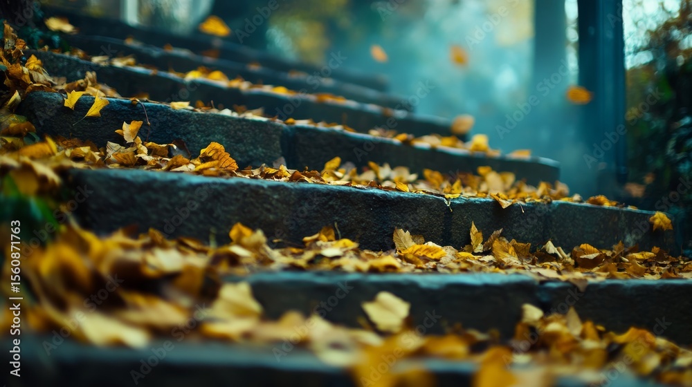Obraz premium Winding stone steps covered with golden autumn leaves in a misty forest, creating a serene and enchanting scene with textured stones and vibrant foliage.
