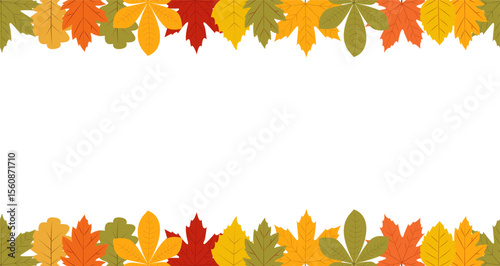 Colorful autumn leaves border decorated by yellow, orange and green leaves with copy space on white background