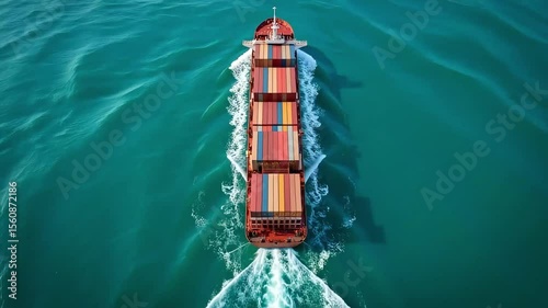 Container ship transporting goods across the vast ocean, an efficient cargo vessel sailing on the blue water, showcasing maritime trade.