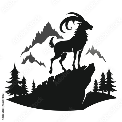 Majestic Mountain Goat Silhouette Alpine Wildlife Illustration