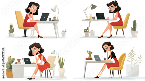 Set of illustrations showing a woman working at her desk on a laptop