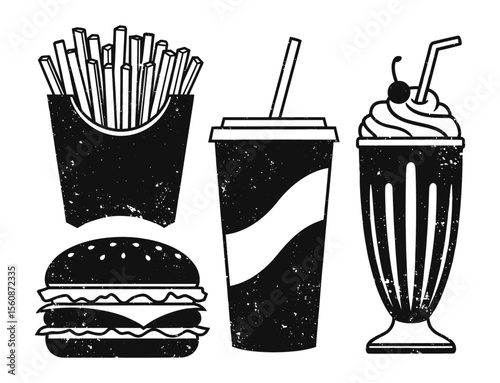 Fast Food set: cheeseburger, fries, milkshake and a soda, retro grunge texture style collection
