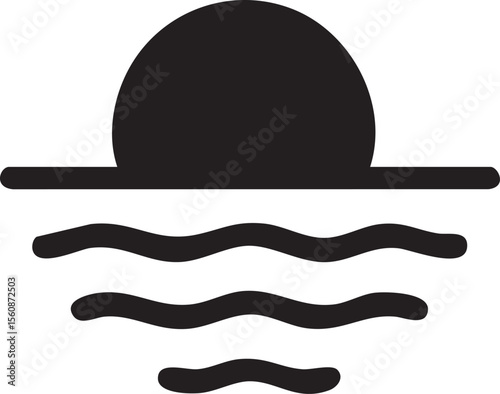 Minimalist Black and White Sunset Icon with Wavy Water Illustration for Graphic Design Projects and Artistic Representations