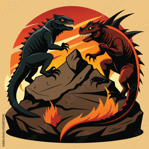 Clash of Titans Fierce Dragons Confronting on Volcanic Rock