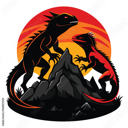 Fierce Lizards on Mountain Peak A Silhouette Illustration